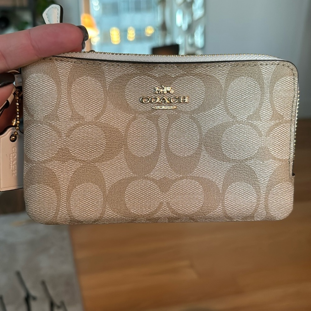 Coach Wristlet - Beige Logo w/ White Trim, double zipper gold hardware